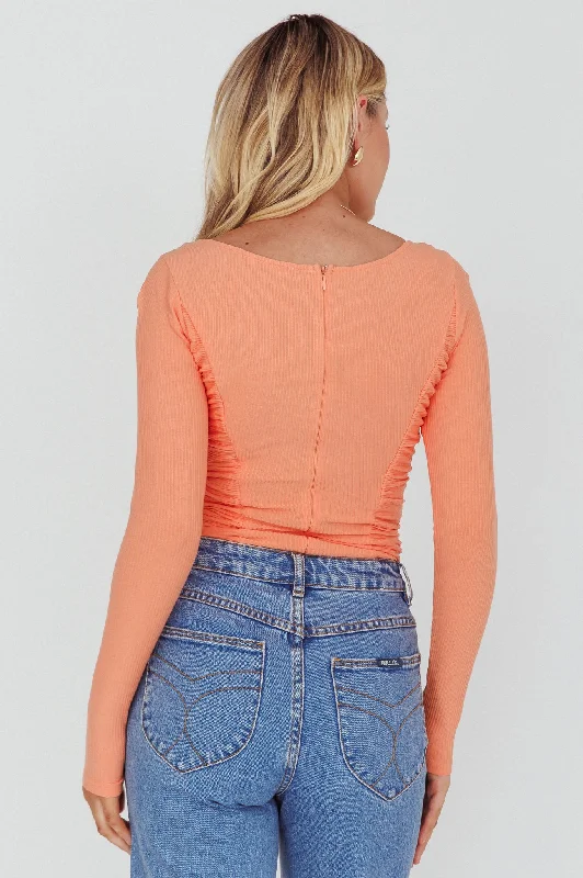 Bobbi Long Sleeve Ruched Side Ribbed Bodysuit Orange