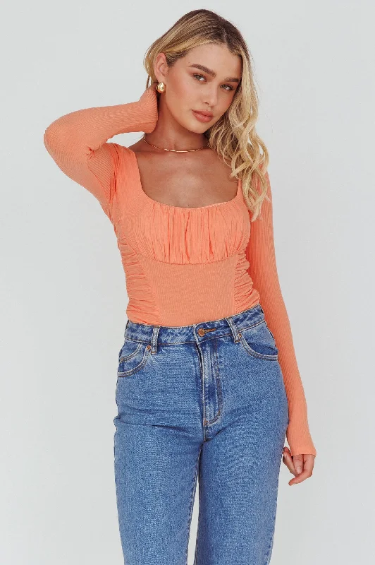 Bobbi Long Sleeve Ruched Side Ribbed Bodysuit Orange