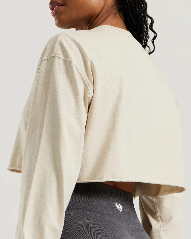 Comfort Vintage Look Oversized Cropped Long Sleeve T-Shirt | Stone