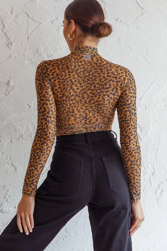 Feelin' It Long Sleeve Turtleneck Sheer Bodysuit Orange Leopard Print