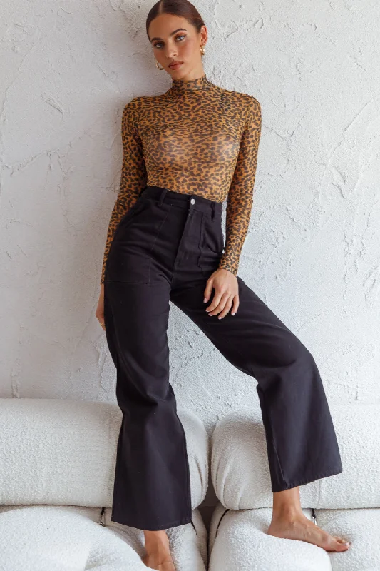 Feelin' It Long Sleeve Turtleneck Sheer Bodysuit Orange Leopard Print