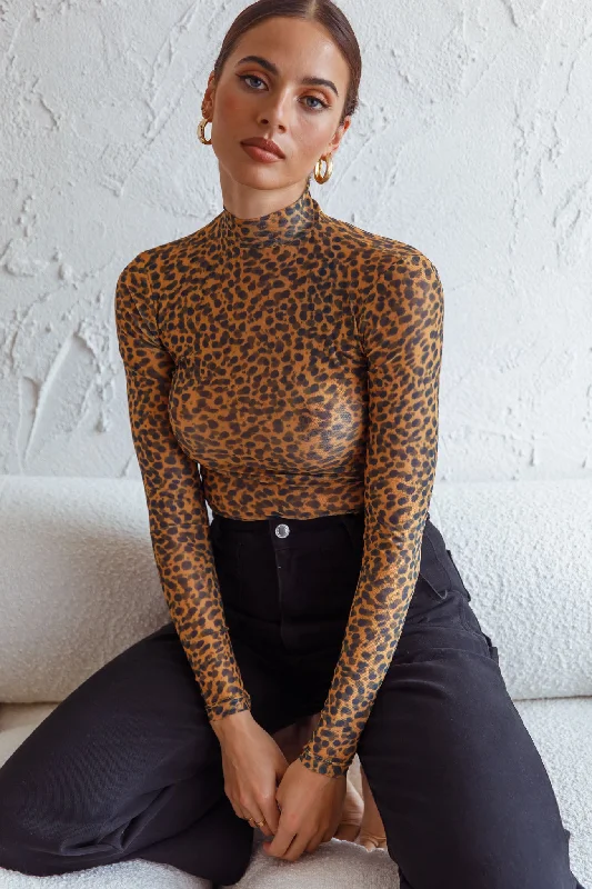 Feelin' It Long Sleeve Turtleneck Sheer Bodysuit Orange Leopard Print