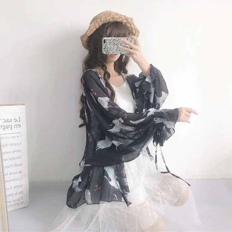 Harajuku Crane Printed Chiffon Cardigan