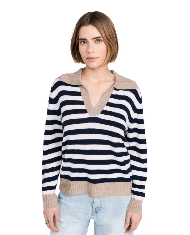 Jumper1234 Stripe Open Collar Navy Brown Knit