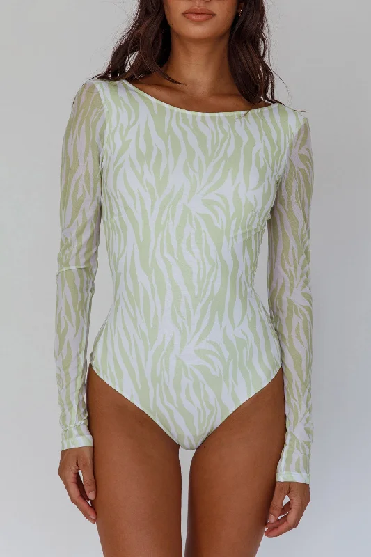 Juni Long Sleeve Low Back Mesh Bodysuit Tiger Lime