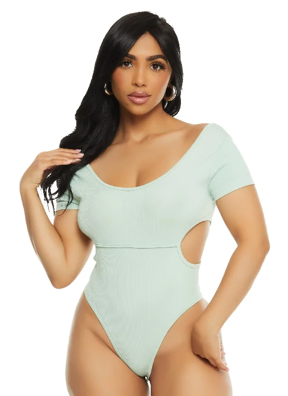 Ribbed Knit Short Sleeve Side Cut Out Bodysuit