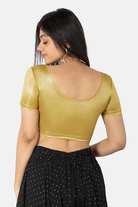 Naidu Hall Non-Padded Knitted Blouse With Round Neck Princess Cut Short Sleeve - Copper Shimmer