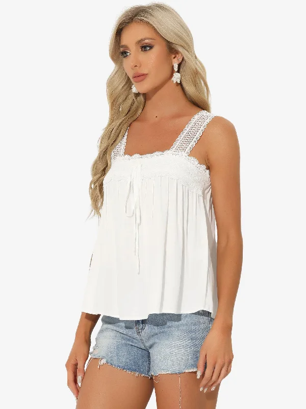 Casual Sleeveless Square Neck Panel Lace Ruffles Tank Tops