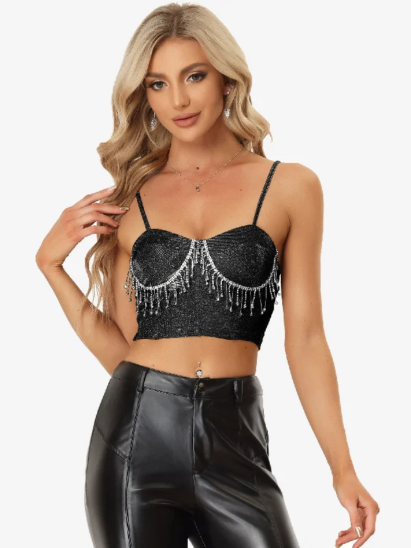 Glitter Strappy Crop Tank Tops Sparkle Deep V Sleeveless Tube Top