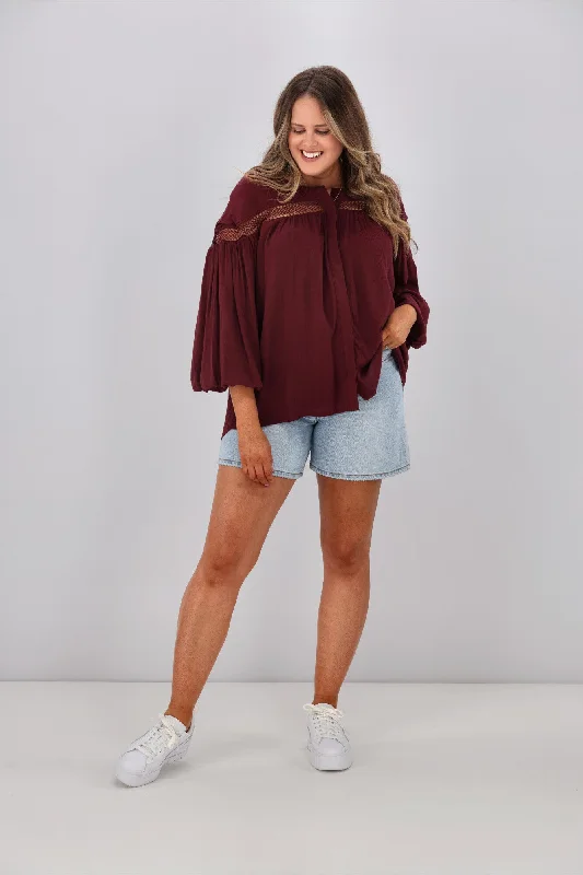 Sass Rava Boho 3/4 Sleeve Top Wine