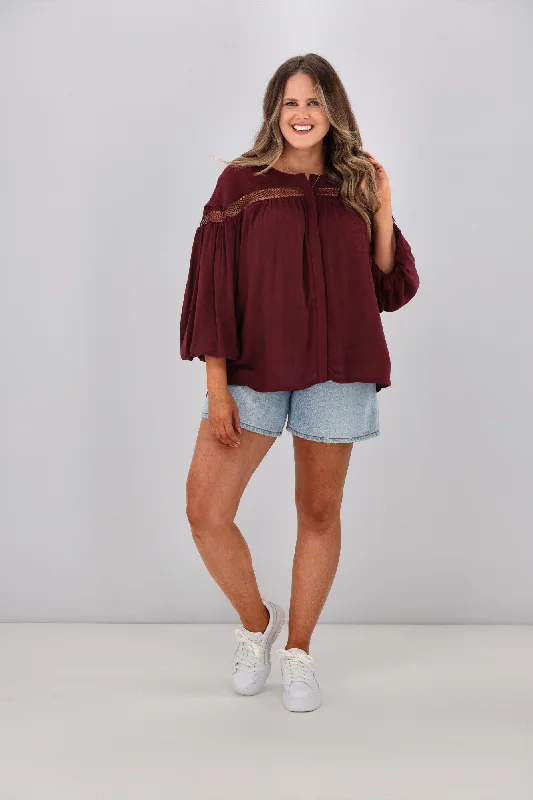 Sass Rava Boho 3/4 Sleeve Top Wine