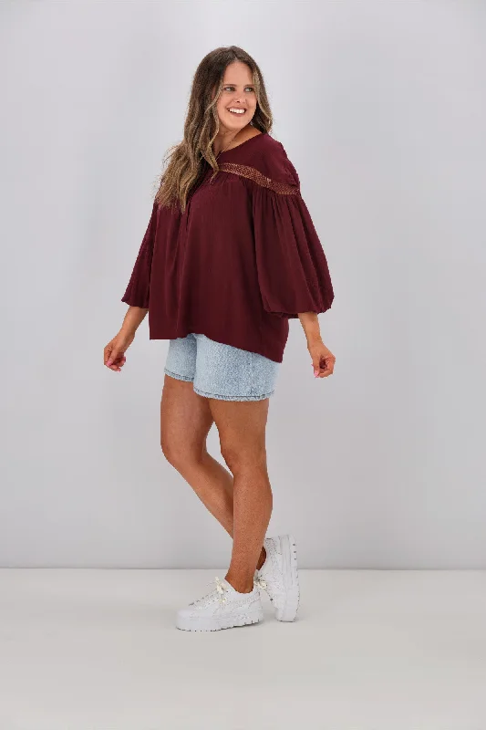 Sass Rava Boho 3/4 Sleeve Top Wine