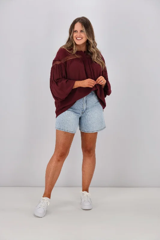 Sass Rava Boho 3/4 Sleeve Top Wine