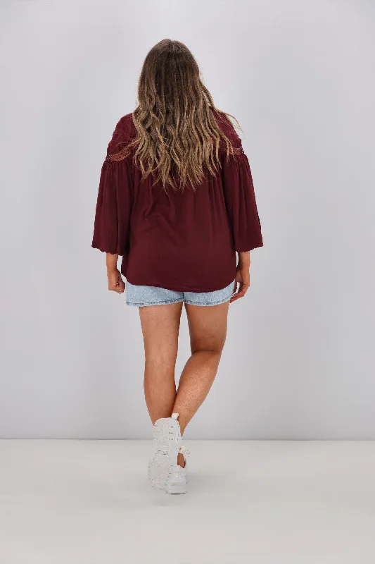 Sass Rava Boho 3/4 Sleeve Top Wine