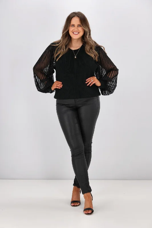 Shine On Label Odell Knit Zig Zag Mesh Sleeve Top Black