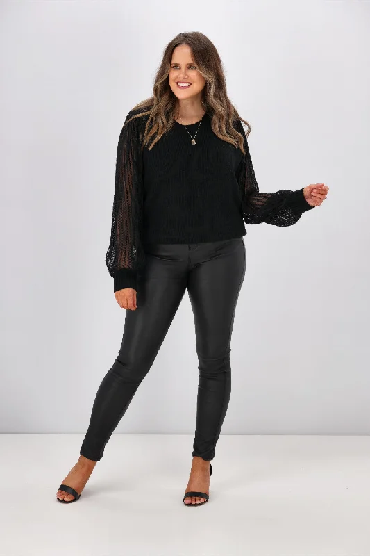 Shine On Label Odell Knit Zig Zag Mesh Sleeve Top Black