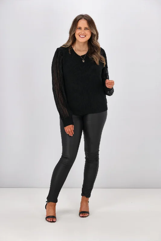 Shine On Label Odell Knit Zig Zag Mesh Sleeve Top Black