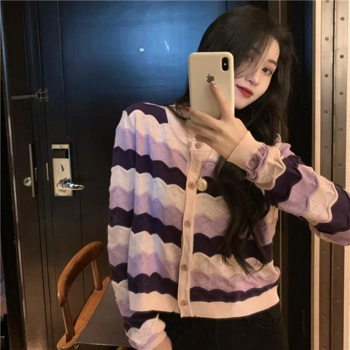 Women's Kawaii Double Color Striped Cardigan