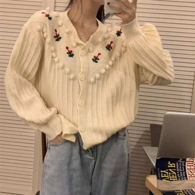 Women's Kawaii Floral Ball Knitted Cardigan